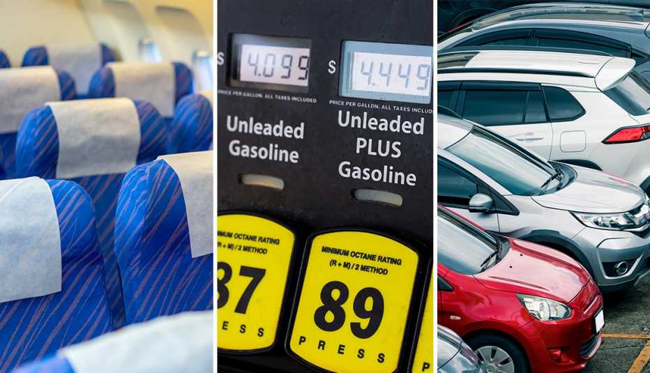 De izquierda a derecha, sillas de un avión, un distribuidor de gasolina, estacionamiento de autos De izquierda a derecha, sillas de un avión, un distribuidor de gasolina, estacionamiento de autos