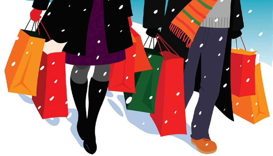 Colorida ilustración de un hombre y una mujer llevando bolsas de compras en la nieve Colorida ilustración de un hombre y una mujer llevando bolsas de compras en la nieve