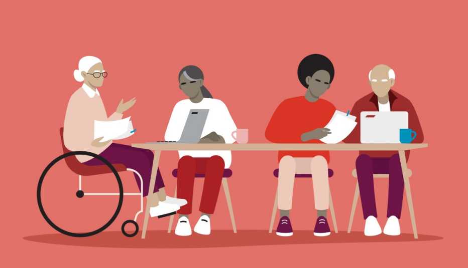 Ilustración de personas mayores que preparan sus impuestos con voluntarios del AARP Foundation Tax-Aide 