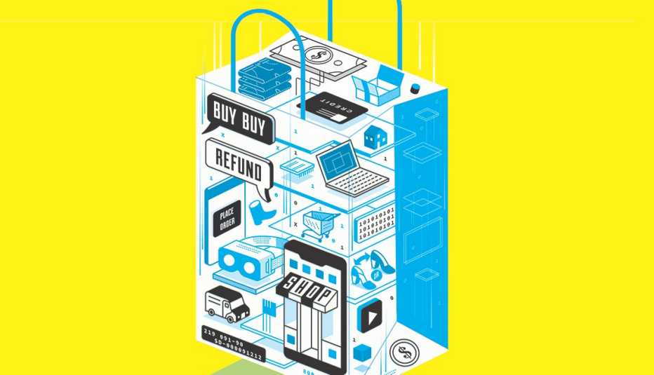Ilustración de una bolsa con métodos modernos para hacer compras en línea y realidad virtual
