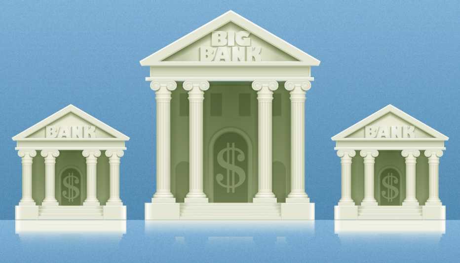 Ilustración de tres fachadas de banco antiguo con un signo de dinero al fondo