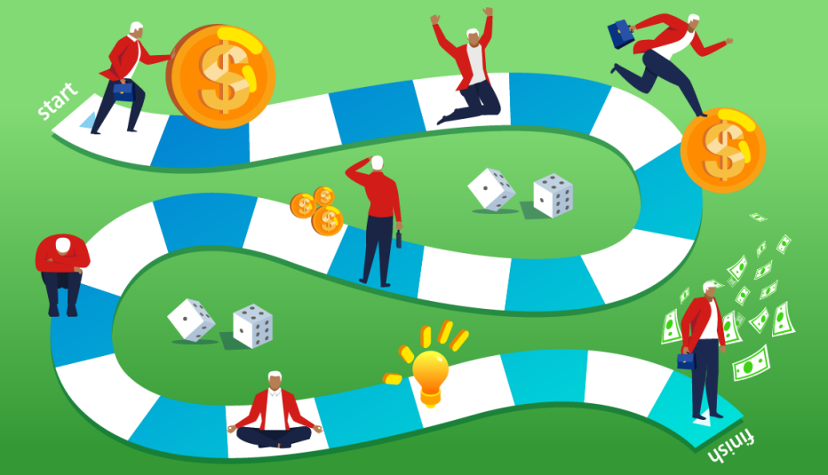 Ilustración de un juego de mesa con un camino financiero y varios hombres que caminan sobre él
