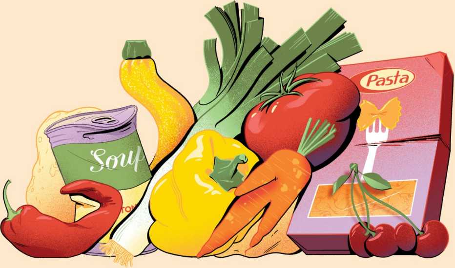 Ilustración de vegetales, una caja de pasta y una sopa enlatada