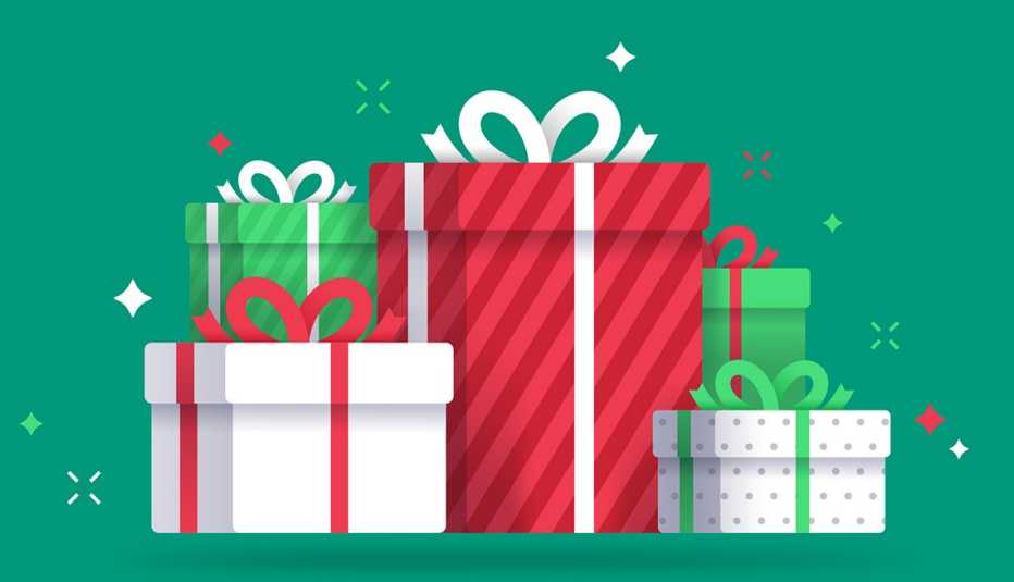 Una ilustración de coloridos regalos apilados y envueltos.