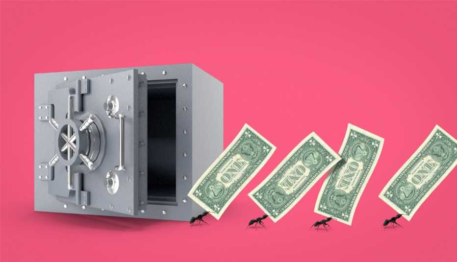 Ilustración de una caja fuerte abierta con unas hormigas que salen sosteniendo dólares