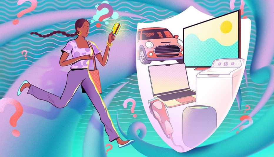 Ilustración de una mujer que lleva una tarjeta de crédito en la mano al lado de un carro, y electrodmésticos Ilustración de una mujer que lleva una tarjeta de crédito en la mano al lado de un carro, y electrodmésticos