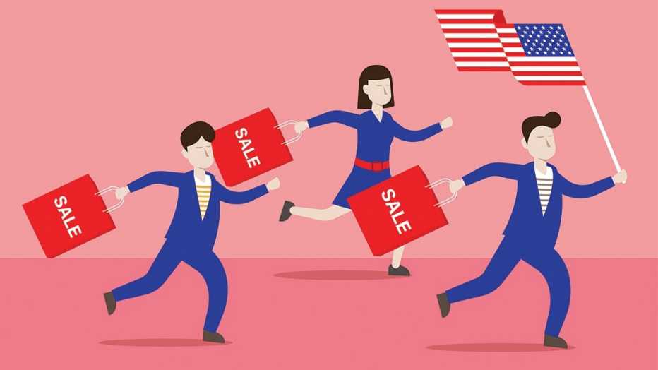 Ilustración de personas corriendo con bolsas de compras con ofertas y una sostiene una bandera de Estados Unidos