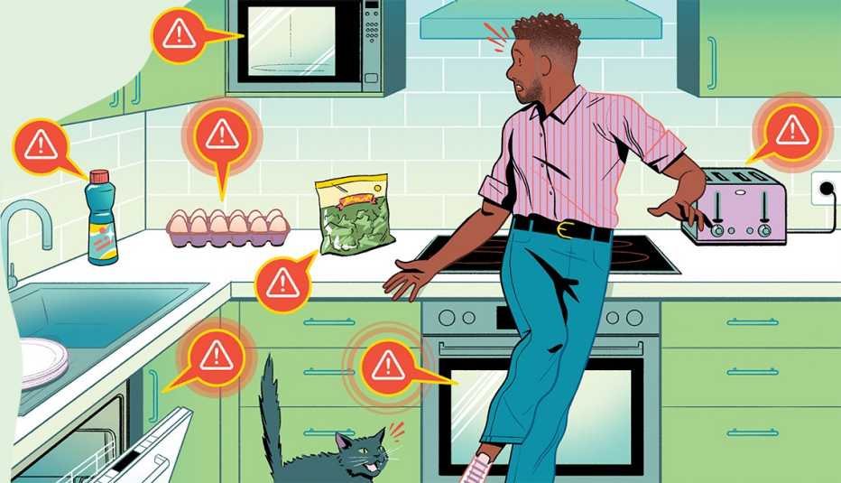 Ilustración de un hombre en una cocina con indicaciones de productos retirados del mercado