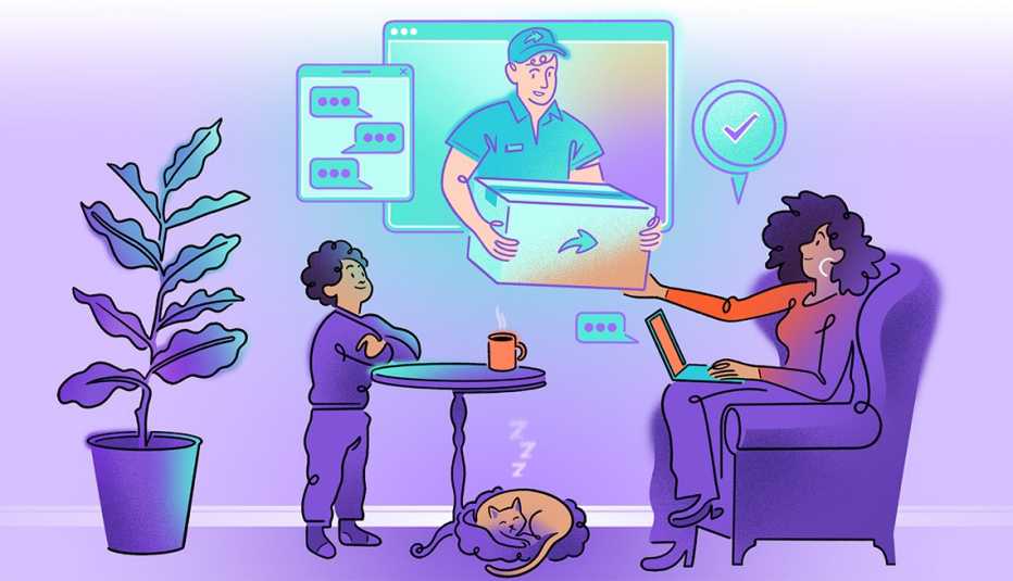 Asistente virtual para devolver un paquete Gráfico de una mujer y su hijo desde la sala de su casa, ayudados por un asistente virtual para devolver un paquete de correo