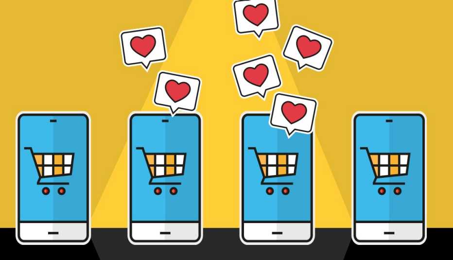 ilustracion de telefonos inteligentes con carritos de compras