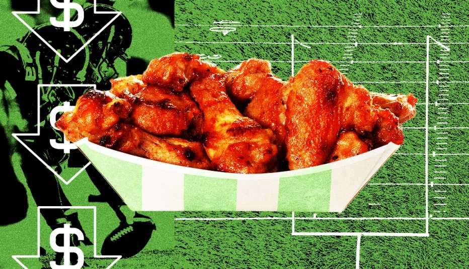 Alitas de pollo y Superbowl: ¡junte perfecto! una canasta de alitas de pollo sobre una imagen del un estadio de futbol