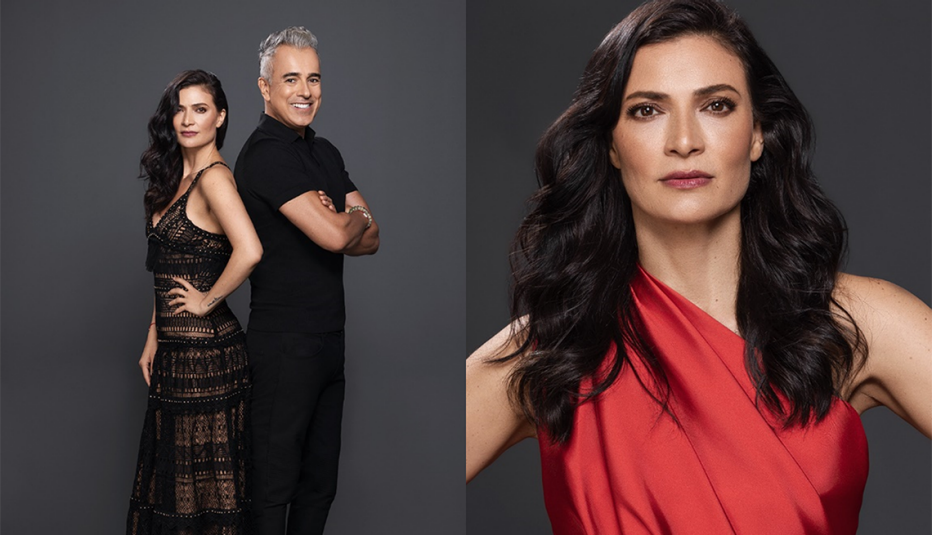 Ana María Orozco, junto a Jorge Enrique Abello, y un primer plano de Ana María Orozco.