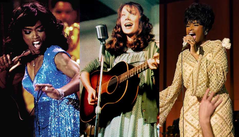 Angela Bassett como Tina Turner en "What's Love Got to Do With It", Sissy Spacek como Loretta Lynn en "Coal Miner's Daughter" y Jennifer Hudson como Aretha Franklin en "Respect".
