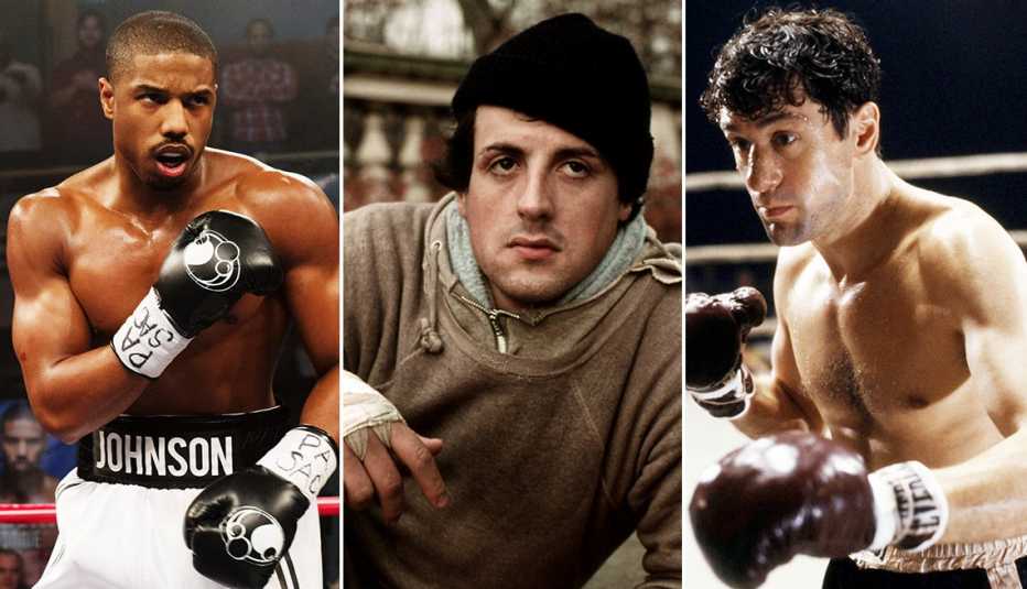 (De izquierda a derecha) Michael B. Jordan como Adonis Creed en "Creed", Sylvester Stallone como Rocky Balboa en "Rocky" y Robert De Niro como Jake LaMotta en "Raging Bull".