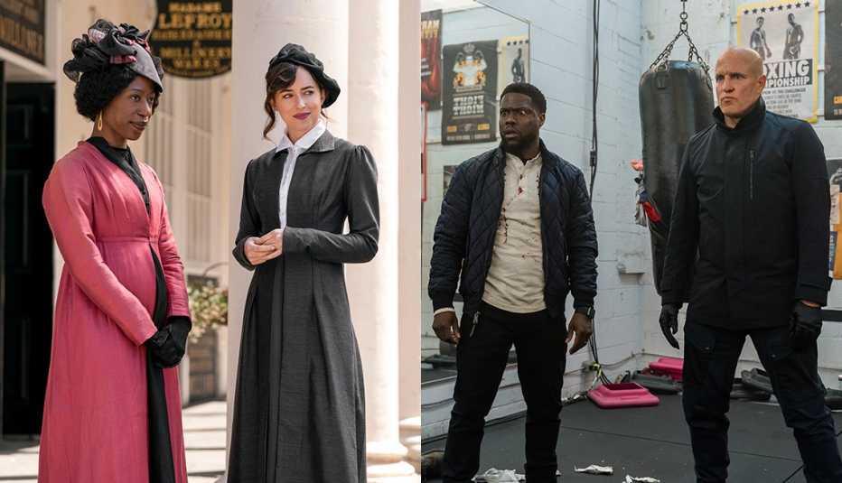 (De izquierda a derecha) Nikki Amuka-Bird y Dakota Johnson en "Persuasion"; Kevin Hart y Woody Harrelson en "The Man From Toronto".