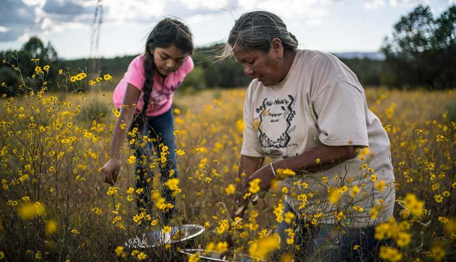 Una niña y una mujer recogen flores y plantas en una escena del documental Gather. Una niña y una mujer recogen flores y plantas en una escena del documental Gather.
