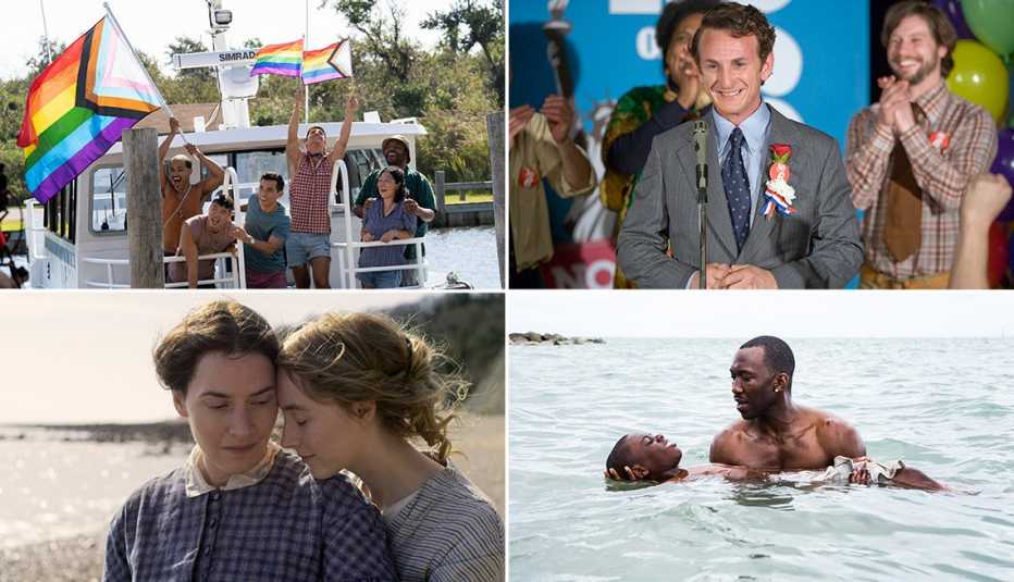 (De arriba hacia abajo) El elenco de "Fire Island", Sean Penn en "Milk"; Mahershala Ali y Alex R. Hibbert en "Moonlight" y Kate Winslet y Saoirse Ronan en Ammonite".