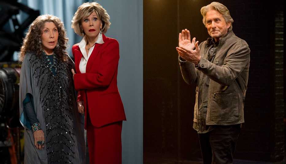 (De izquierda a derecha) Lily Tomlin y Jane Fonda en "Grace and Frankie" y Michael Douglas en "The Kominsky Method".