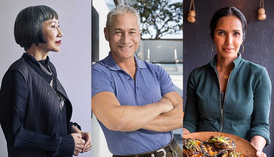 La escritora Amy Tan, el saltador de trampolín olímpico Greg Louganis y la chef y personalidad de TV, Padma Lakshmi.