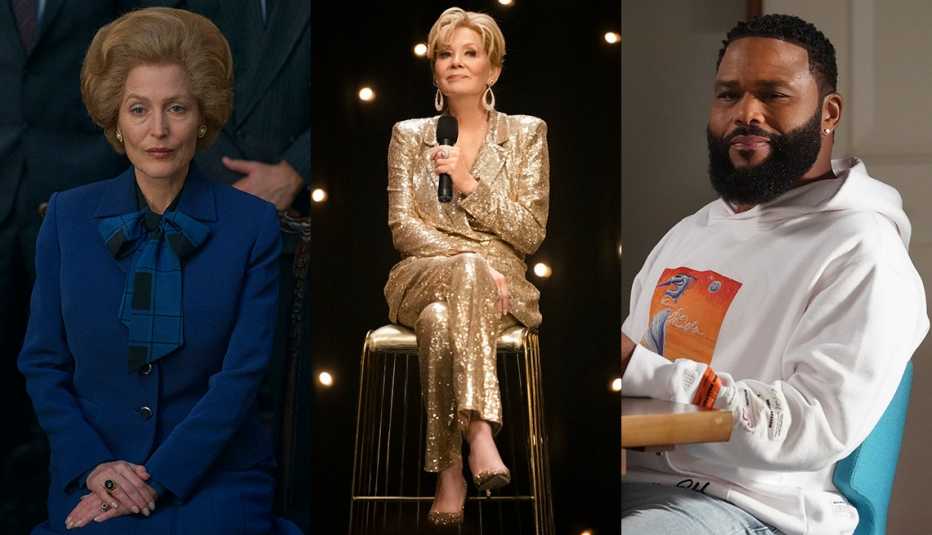 (De izquierda a derecha) Gillian Anderson en "The Crown", Jean Smart en "Hacks" y Anthony Anderson en "Black-ish". (De izquierda a derecha) Gillian Anderson en "The Crown", Jean Smart en "Hacks" y Anthony Anderson en "Black-ish".