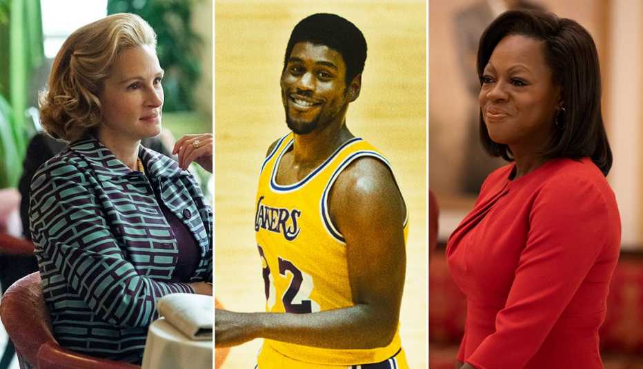 (De izquierda a derecha) Julia Roberts como Martha Mitchell en "Gaslit", Quincy Isaiah como Magic Johnson en "Winning Time: The Rise of the Lakers Dynasty" y Viola Davis como Michelle Obama en "The First Lady".