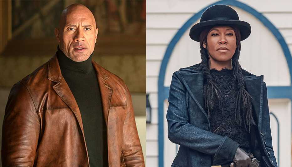 Dwayne Johnson (izquierda) en "Red Notice" y Regina King en "The Harder They Fall".