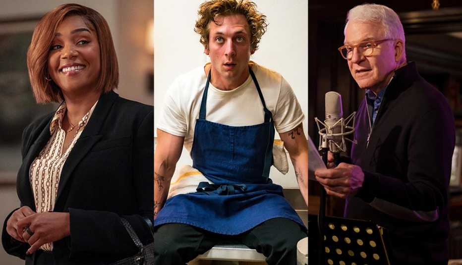 Tiffany Haddish en "The Afterparty", Jeremy Allen White  en "The Bear" y Steve Martin en la serie "Only Murders in the Building".