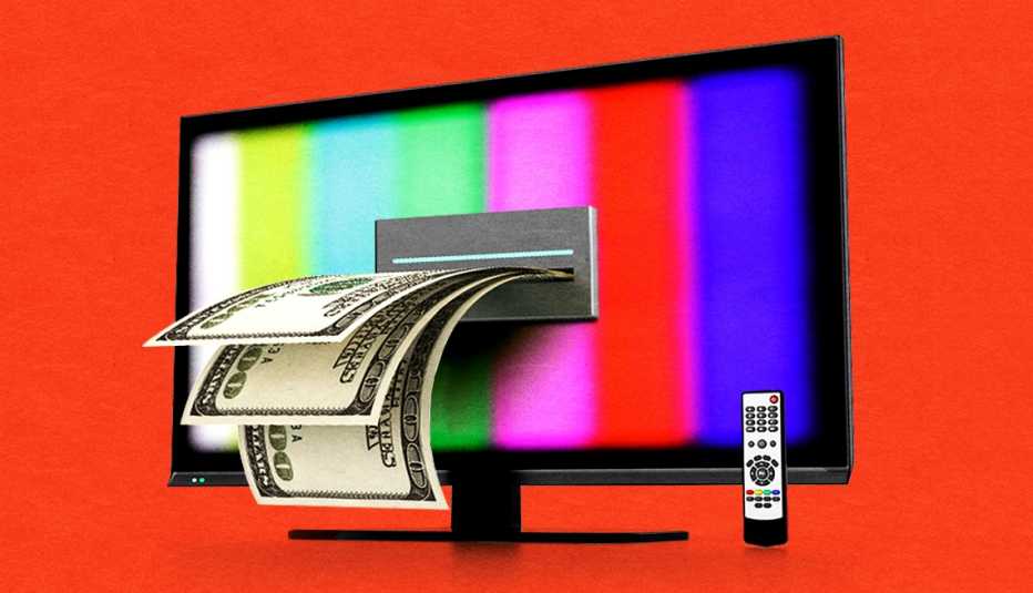 Un televisor con una ranura de la que sale dinero y un control remoto a una esquina