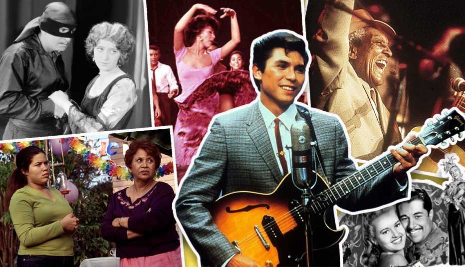 Escenas de las peliculas "The Mark of Zorro", "West Side Story", "Buena Vista Social Club", "Down Argentine Way", "La Bamba" y "Real Women Have Curves".