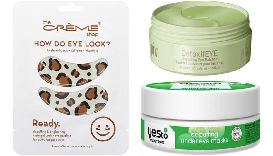 (Desde la izquierda, en el sentido de las agujas del reloj) Mascarilla para ojos The Creme Shop How Do Eye Look? Mascarilla para ojos Depuffing & Brightening Eye Mask; mascarilla para ojos Pixi DetoxifEYE; mascarilla para ojos Yes to Cucumbers Depuffing U