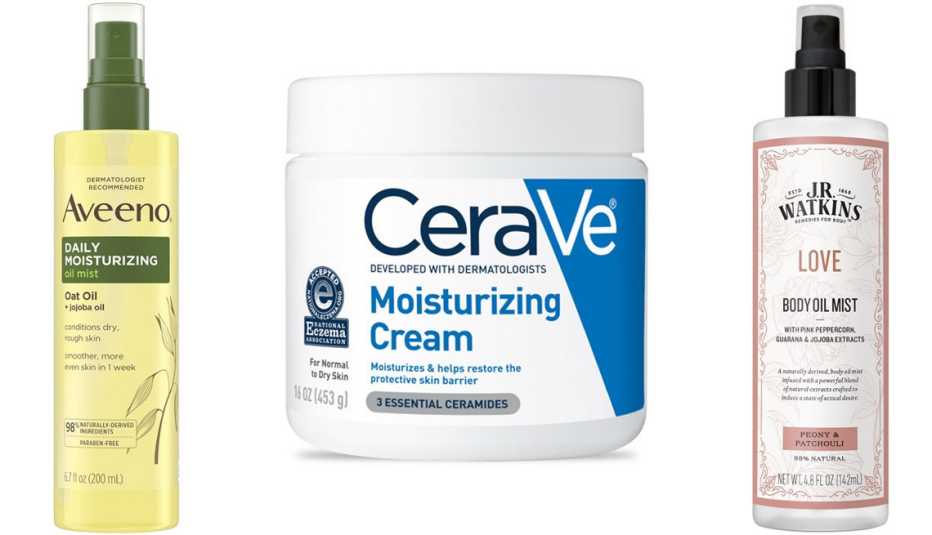 (De izquierda a derecha) Espray para el cuerpo Aveeno Daily Moisturizing Oil Mist; crema humectante para el rostro y el cuerpo CeraVe Moisturizing Cream Face & Body; espray para el cuerpo J.R. Watkins Love Body Oil Mist.