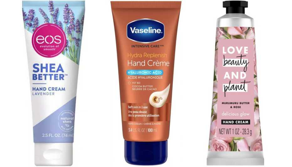 (De izquierda a derecha) Crema de manos eos Shea Better Hand Cream en lavanda; crema e manos Vaseline Intensive Care Hydra Replenish Hand Creme con ácido hialurónico; crema de manos Love Beauty and Planet Murumuru Butter and Rose Hand Cream Delicious Glow