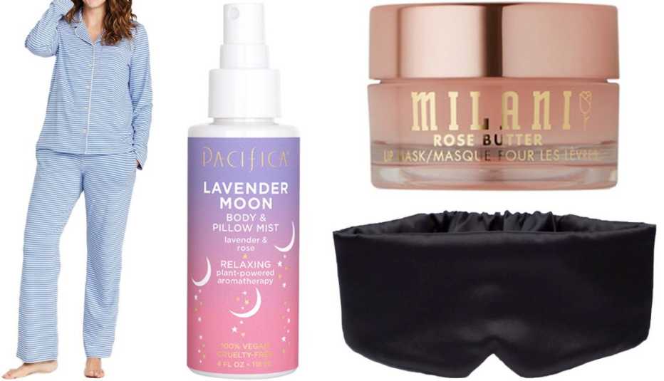 Pijamas L.L. Bean Women’s Super-Soft Shrink Free Lounge Set, en azul ártico a rayas (izquierda); espray Pacifica Lavender Moon Body & Pillow Mist (segundo desde la izquierda); mascarilla para los labios Milani Rose Butter Lip Mask (arriba, a la derecha); 