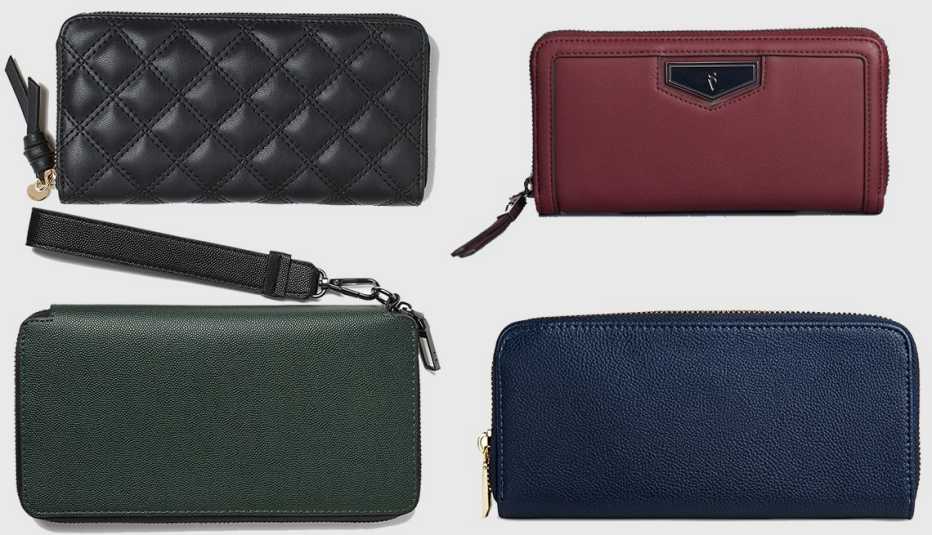 (en sentido horario):  Large Wallet de H & M, Signature Wallet de Simply Vera Wang, Faux leather Wallet with Zip Closure de A New Day, XL Embossed Dress Wallet en verde de Zara.