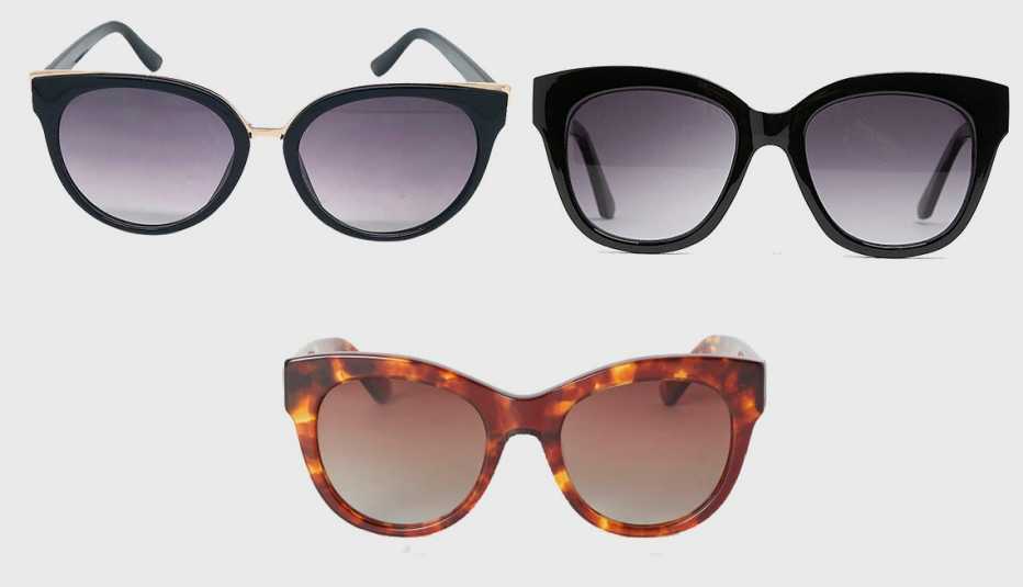 (en sentido horario): Women's Cat Eye Sunglasses de A New Day, Plastic Glasses de Zara, Polarized Sunglasses de H & M.