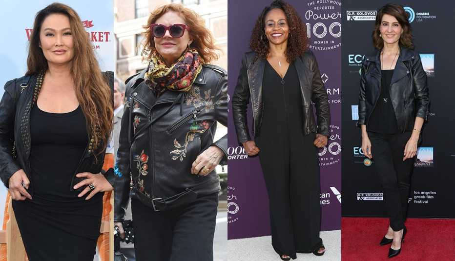 Tia Carrere, Susan Sarandon, Pearlena Igbokwe, Nia Vardalos usando chaqueta negra.