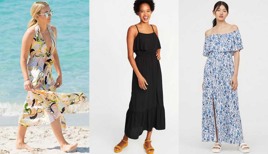 Tallia Storm de paseo por la playa; vestido largo con vuelo, de H&amp;M; vestido maxi con cintura definida y volantes, de Old Navy