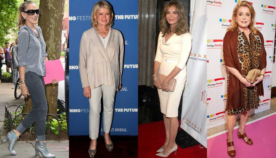 Sarah Jessica Parker con blusa gris de seda, jeans grises y botines plateados metálicos; Martha Stewart; Jaclyn Smith; Catherine Deneuve