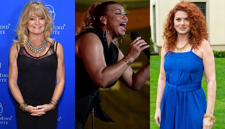 Goldie Hawn con un blusón negro sin mangas y pantalones negros; Queen Latifah lleva overoles negros sin mangas; Debra Messing muestra sus brazos desnudos con un vestido de verano de color azul brillante.