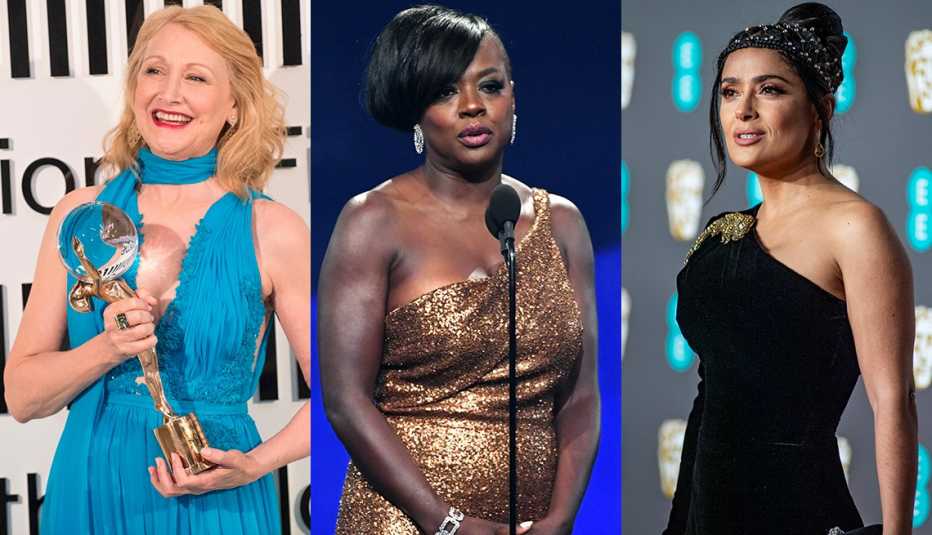 Patricia Clarkson con un traje color turquesa, sin espalda ni mangas; Viola Davis usa un vestido dorado de un solo hombro y sin mangas; Salma Hayek en un vestido de una manga y cuello asimétrico.