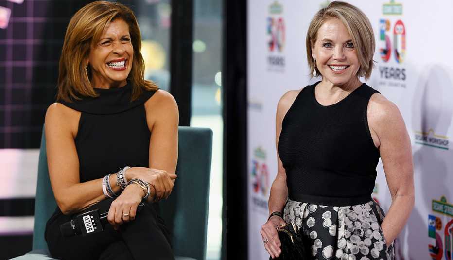 Hoda Kotb lleva un overol negro sin mangas y con corte en las sisas; Katie Couric usa una blusa con sisas revocadas y de cuello alto, y una falda estampada a mitad de pantorrilla.