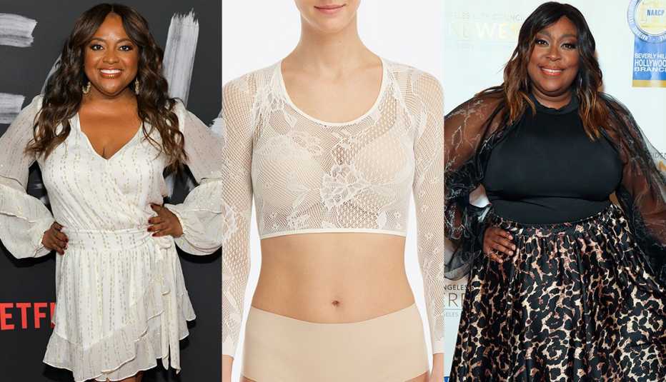 Sherri Shepherd en un vestido blanco con mangas de obispo abombadas; malla de manga larga, de Spanx, en blanco; Loni Love usa una blusa negra con mangas largas de obispo transparentes.