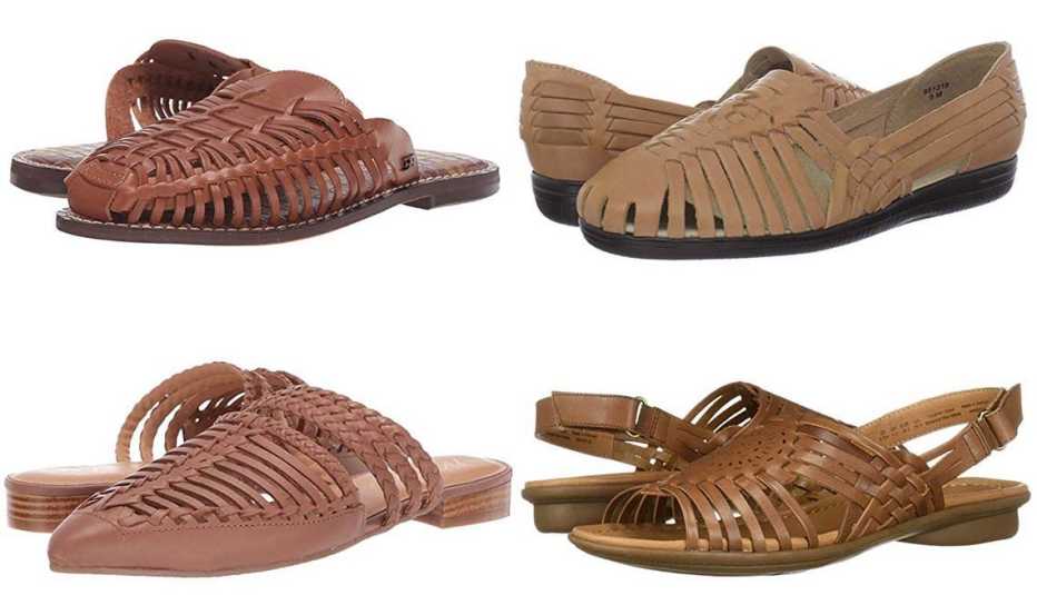 En el sentido de las agujas del reloj: Keelyn de Sam Edelman, de color marrón; St. Tropez Slip On Mule de Matisse, de color beige; Trinidad-Soft Spots de Comfortiva, de cuero natural; Whistle de Naturalizer, de cuero marrón