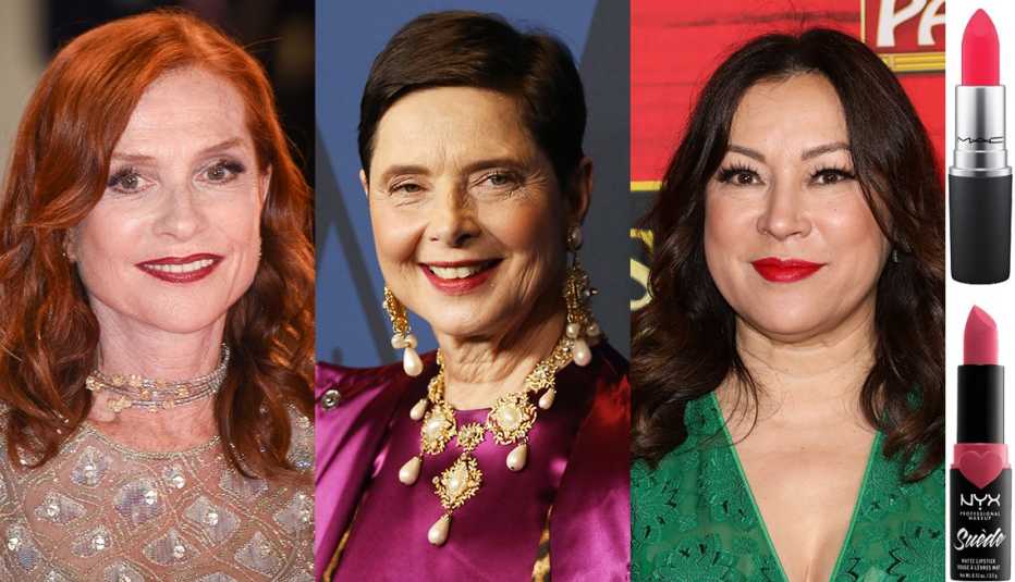 Isabelle Huppert, Isabella Rossellini, Jennifer Tilly, PowderKiss Lipstick, de MAC, en color Fall in Love; Suede Matte Lipstick, de NYX Professional Makeup, en tono Cannes