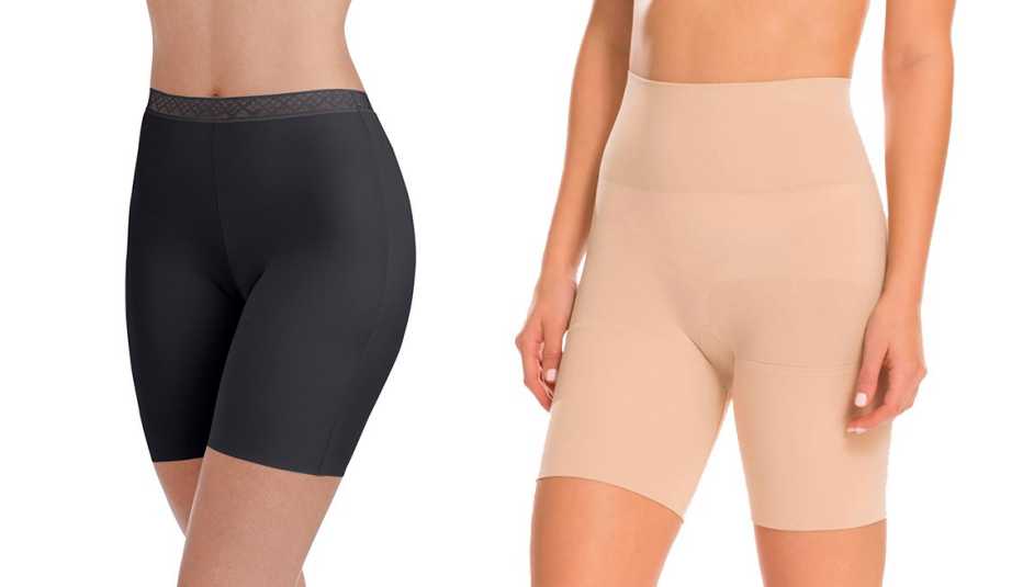 Pantalones cortos deslizables de Radiant by Vanity Fair con borde invisible y tejido suave; prenda modeladora estilo Remarkable Results, de Assets by Spanx, con largo a mitad del muslo.
