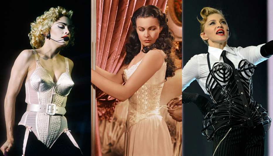 Madonna durante su gira Blonde Ambition, Vivien Leigh en 'Gone with the Wind' y Madonna durante una presentación en su gira MDNA.