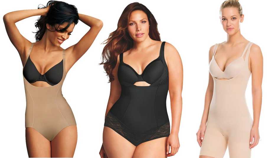 Reductores Shapewear Ultimate Slimmer Torsette Body Briefer, de Maidenform; Shapewear Curvy Firm de tamaño grande, abierto para usar tu propio sostén, de Maidenform; y Women's Remarkable Results All-In-One Body Slimmer, de Assets by Spanx.