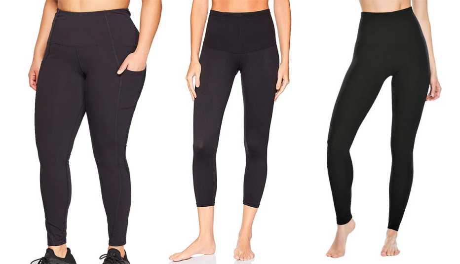 Leggings Black Women's Urban Mid Rise Leggings de tamaño grande, de Champion; Flexees Women's Shapewear Leggings, de Maidenform; y Ponte Leggings, de Red Hot by Spanx.