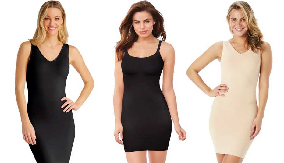 Vestidos faja Women's Shaping Tank Slip, de Assets by Spanx; Women's Cover Your Bases Smoothing Slip, de Maidenform; y Sleek Slimmers Tank Slip 2 en 1 con cuello reversible, de Red Hot by Spanx.
