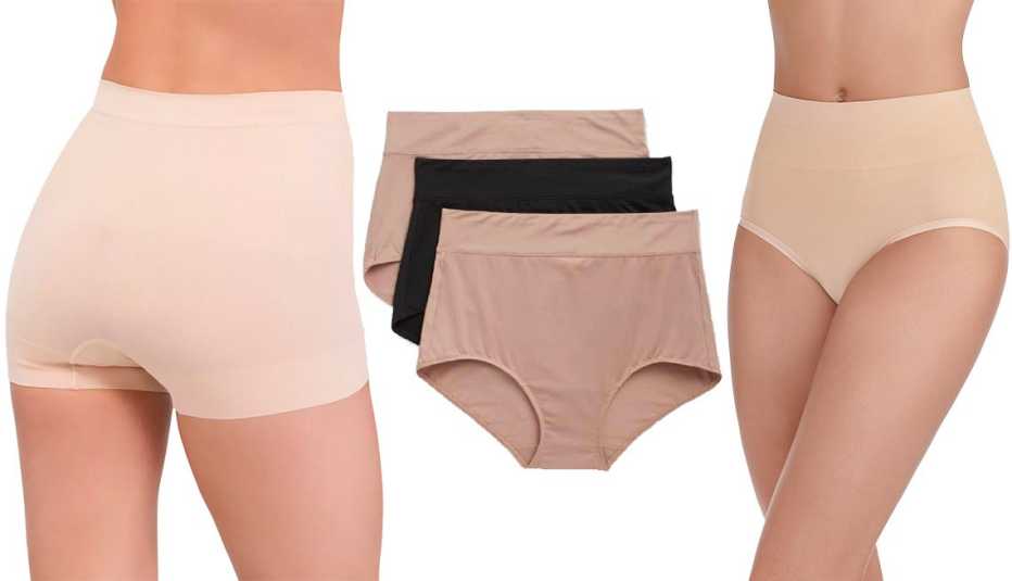 Moldeadores cortos Women's All Around Smoothers Seamless Shaping Girl Shorts, de Assets by Spanx; Blissful Benefits No Muffin Top Brief Panties, de Warner's, en paquete de 3; y Women's Seamless Smoothing Brief Panty en paquete de 2, de Radiant by Vanity Fair.